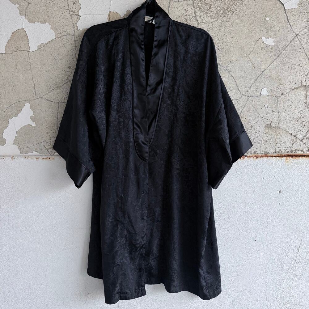 Vtg 90s Victorias Secret Gold Label Kimono Robe Satin Jacquard Black Lingerie OS